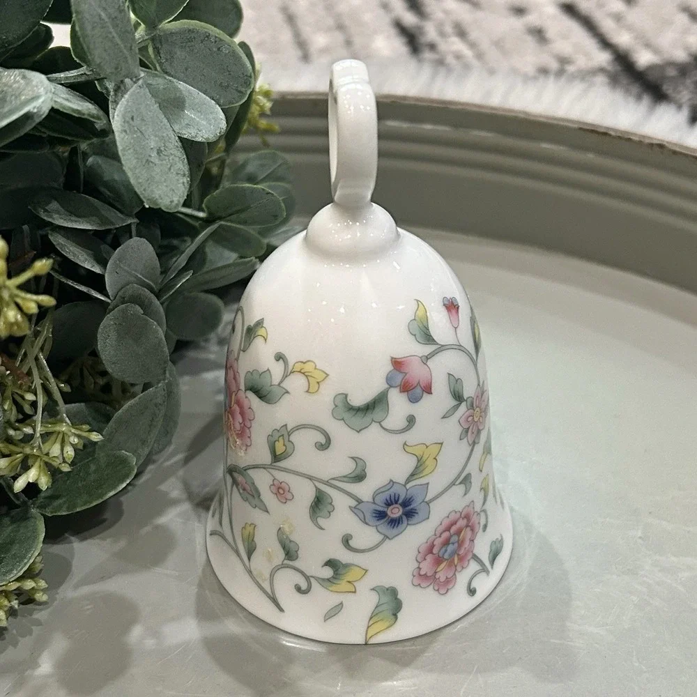 Vintage HTF Porcelain Bell With Floral Design And Heart Handle Beautiful Chime
